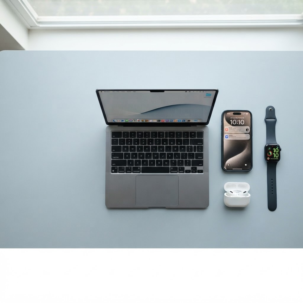 Sélection d'appareils : ordinateur portable, smartphone, écouteurs et montre connectée